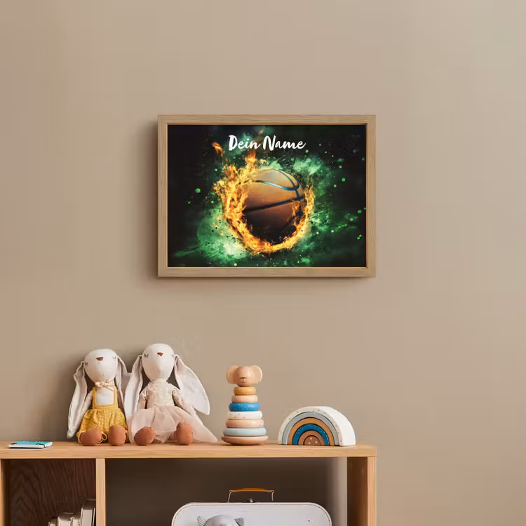 Basketbal - Vuur - Vlammen - Groen Light Box met batterij (Wandlamp kind) middel -sfeer2_kind