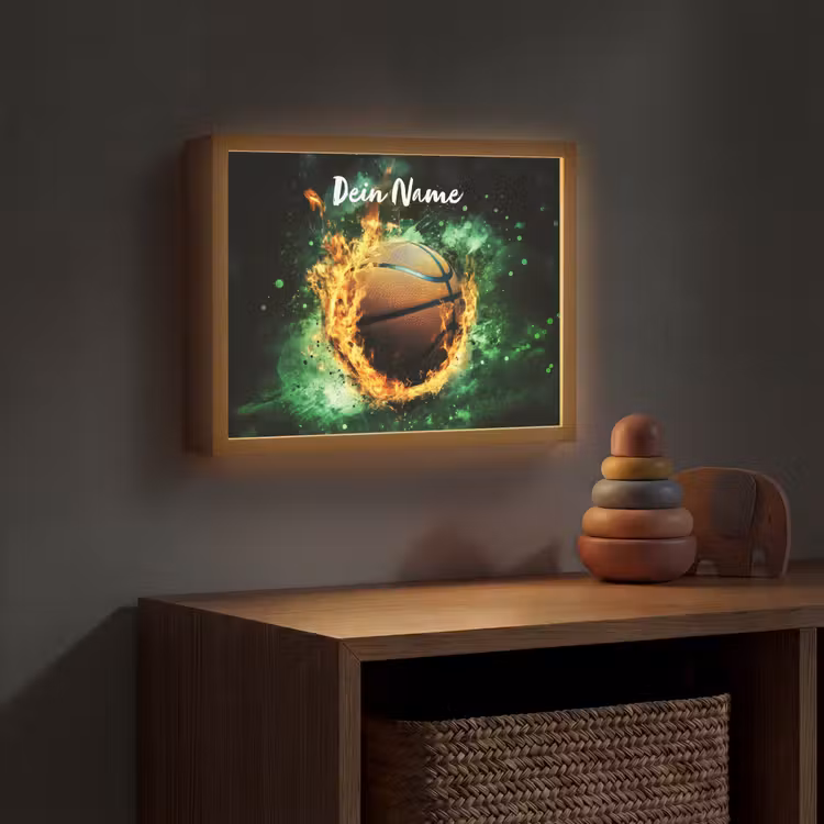 Basketbal - Vuur - Vlammen - Groen Light Box met batterij (Wandlamp kind) middel -sfeer5_kind