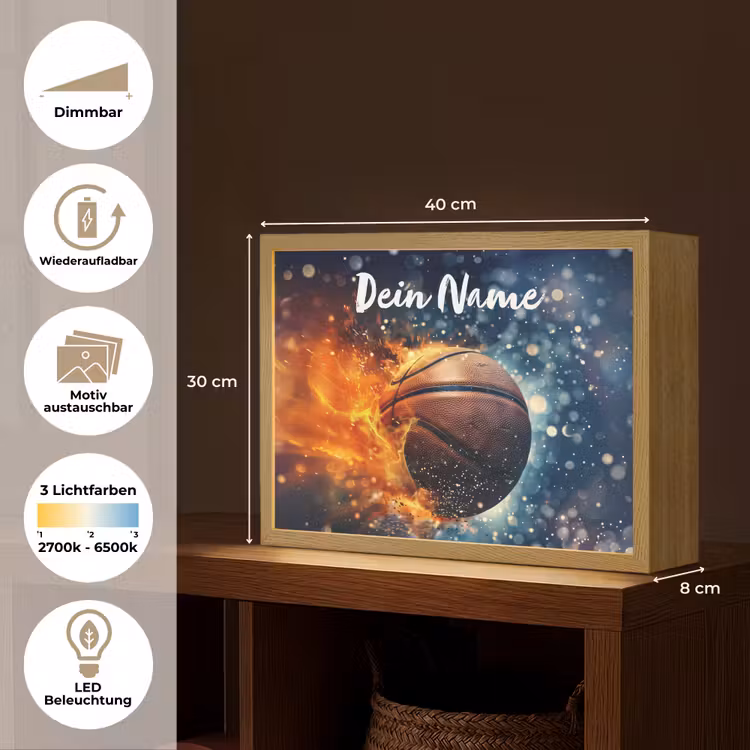 Basketbal - Vuur - Sport - Blauw - Oranje Light Box met batterij (Wandlamp kind) middel -USP_websiteoverzichtDE