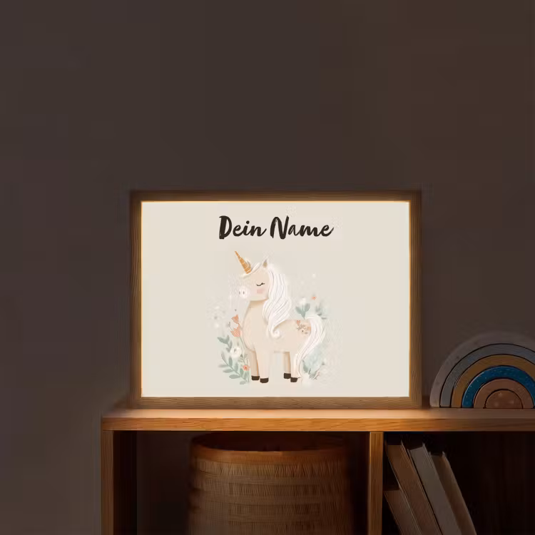 Beige - Eenhoorn - Minimalistisch - Bloemen Light Box met batterij (Wandlamp kind) middel -sfeer1_kind