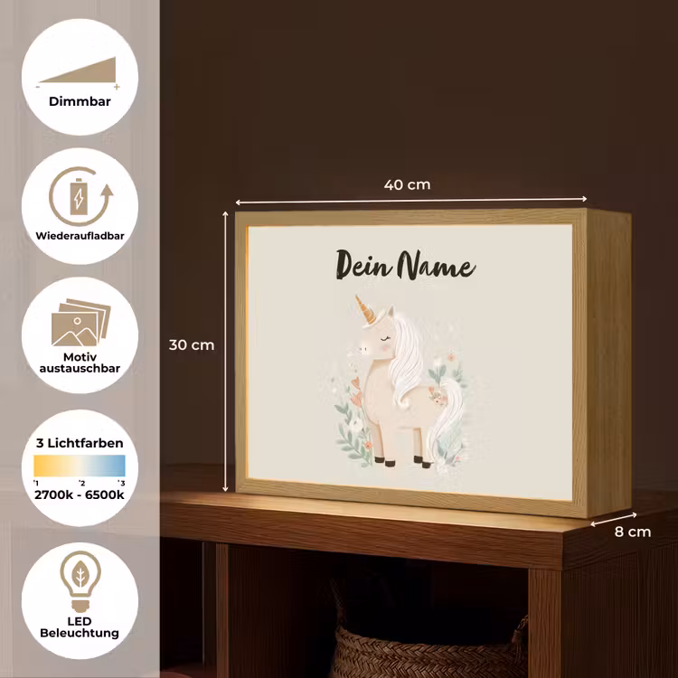 Beige - Eenhoorn - Minimalistisch - Bloemen Light Box met batterij (Wandlamp kind) middel -USP_websiteoverzichtDE