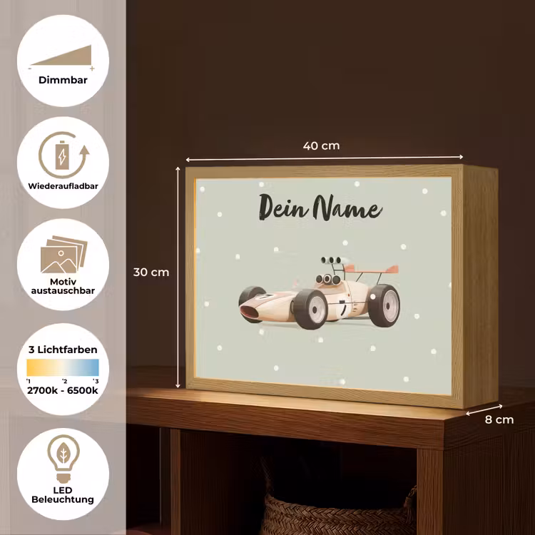 Beige - Raceauto - Stippen - Wielen Light Box met batterij (Wandlamp kind) middel -USP_websiteoverzichtDE