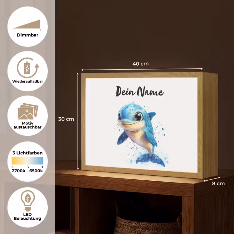 Dolfijn - Blauw - Water - Druppels Light Box met batterij (Wandlamp kind) middel -USP_websiteoverzichtDE