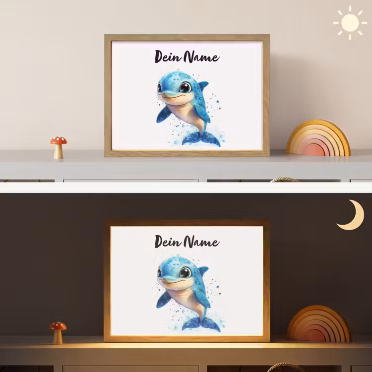 Dolfijn - Blauw - Water - Druppels Light Box met batterij (Wandlamp kind) middel -sfeer3_kind