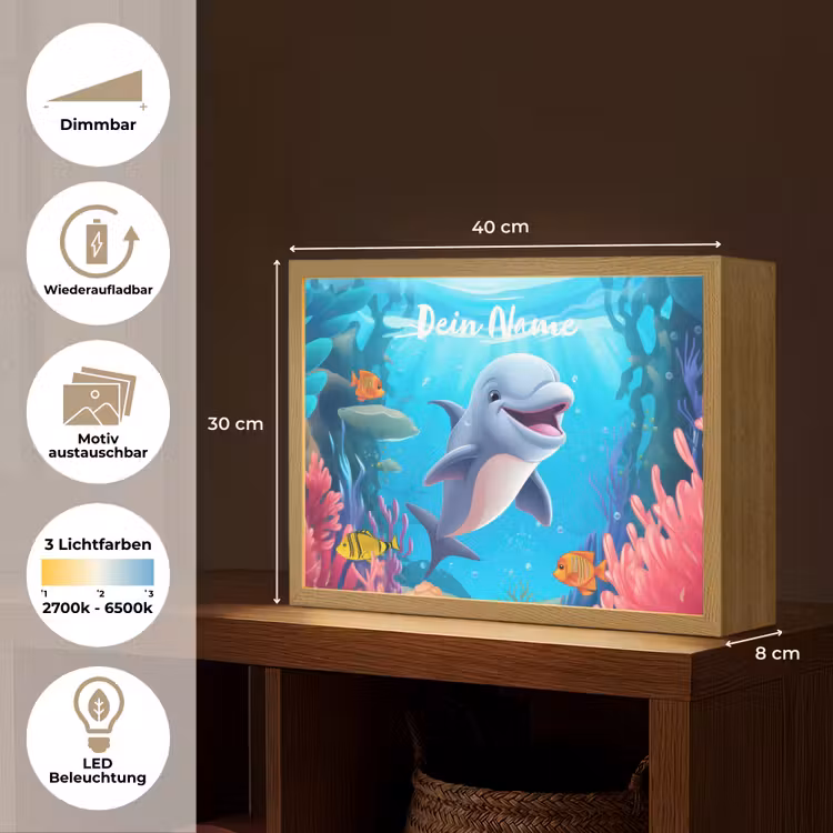 Dolfijn - Zeedieren - Onderwater - Kinderen - Meisjes Light Box met batterij (Wandlamp kind) middel -USP_websiteoverzichtDE
