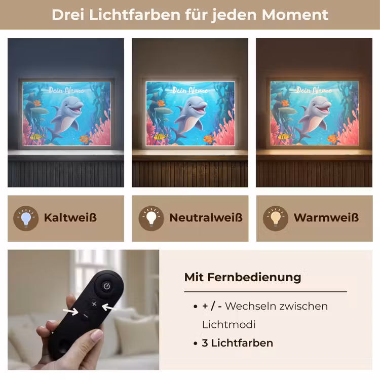 Dolfijn - Zeedieren - Onderwater - Kinderen - Meisjes Light Box met batterij (Wandlamp kind) middel -USP_lichtkleurDE