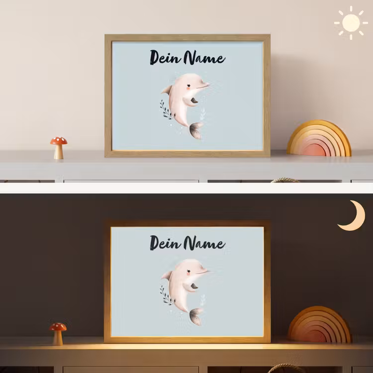 Dolfijn - Zeewier - Grijs Light Box met batterij (Wandlamp kind) middel -sfeer3_kind