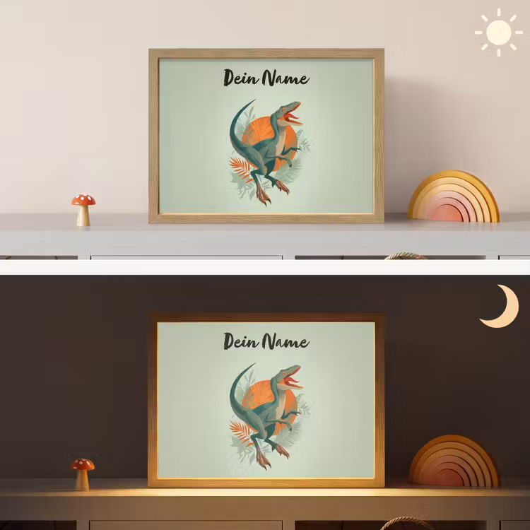 Dino - Bladeren - Grafisch - Groen Light Box met batterij (Wandlamp kind) middel -sfeer3_kind