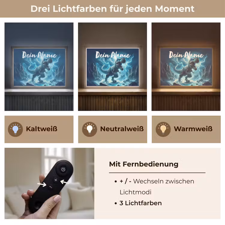 Dino - Blauw - Jongens Light Box met batterij (Wandlamp kind) middel -USP_lichtkleurDE
