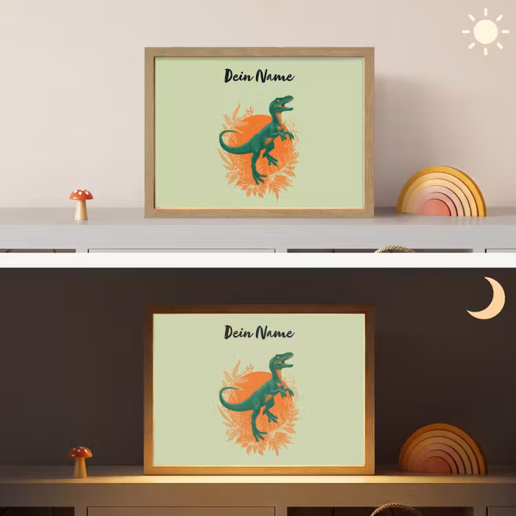Dino - Groen - Bladeren - Cirkel Light Box met batterij (Wandlamp kind) middel -sfeer3_kind