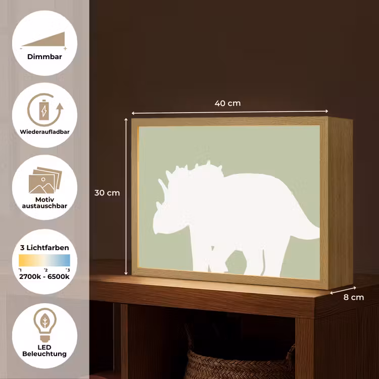 Dino - Triceratops - Dinosaurus - Groen Light Box met batterij (Wandlamp kind) middel -USP_websiteoverzichtDE