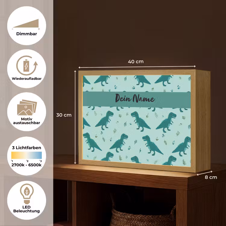 Dinosaurus - Blauw - Bladeren - Voetafdrukken Light Box met batterij (Wandlamp kind) middel -USP_websiteoverzichtDE