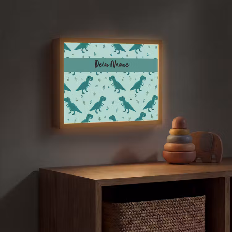 Dinosaurus - Blauw - Bladeren - Voetafdrukken Light Box met batterij (Wandlamp kind) middel -sfeer5_kind