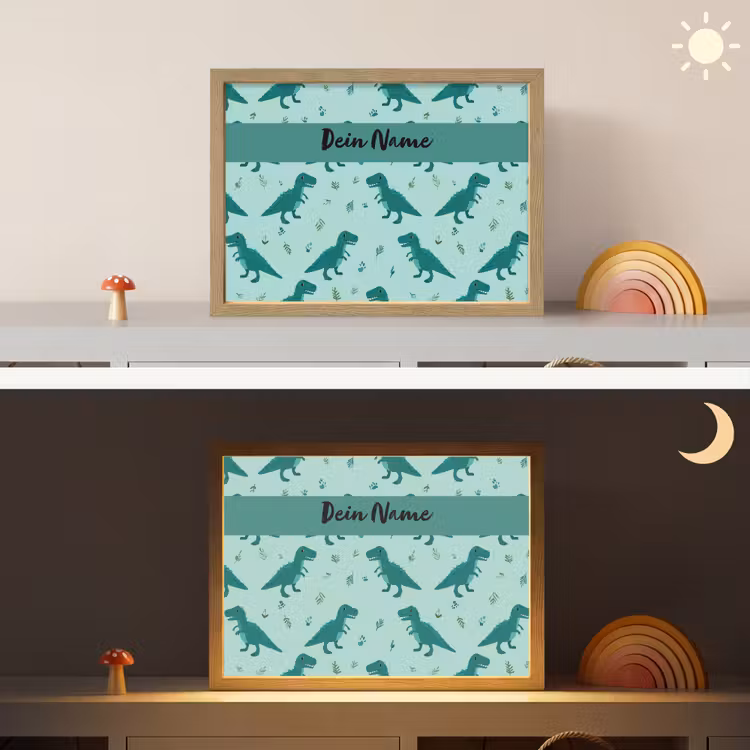 Dinosaurus - Blauw - Bladeren - Voetafdrukken Light Box met batterij (Wandlamp kind) middel -sfeer3_kind