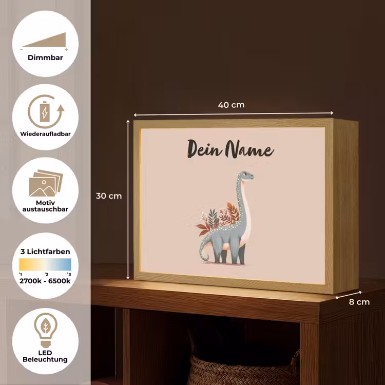 Dinosaurus - Planten - Beige - Minimalistisch Light Box met batterij (Wandlamp kind) middel -USP_websiteoverzichtDE