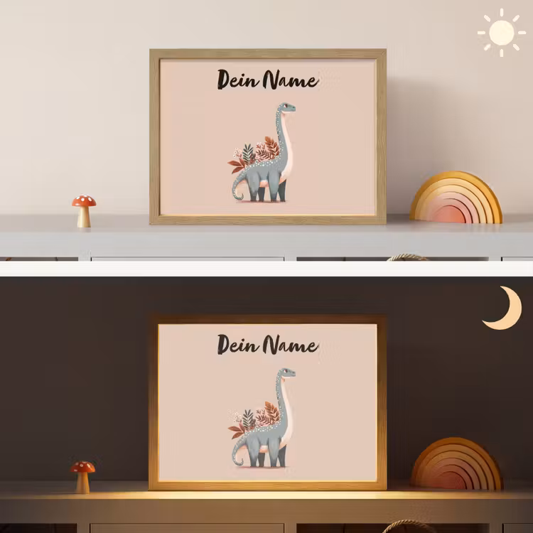 Dinosaurus - Planten - Beige - Minimalistisch Light Box met batterij (Wandlamp kind) middel -sfeer3_kind
