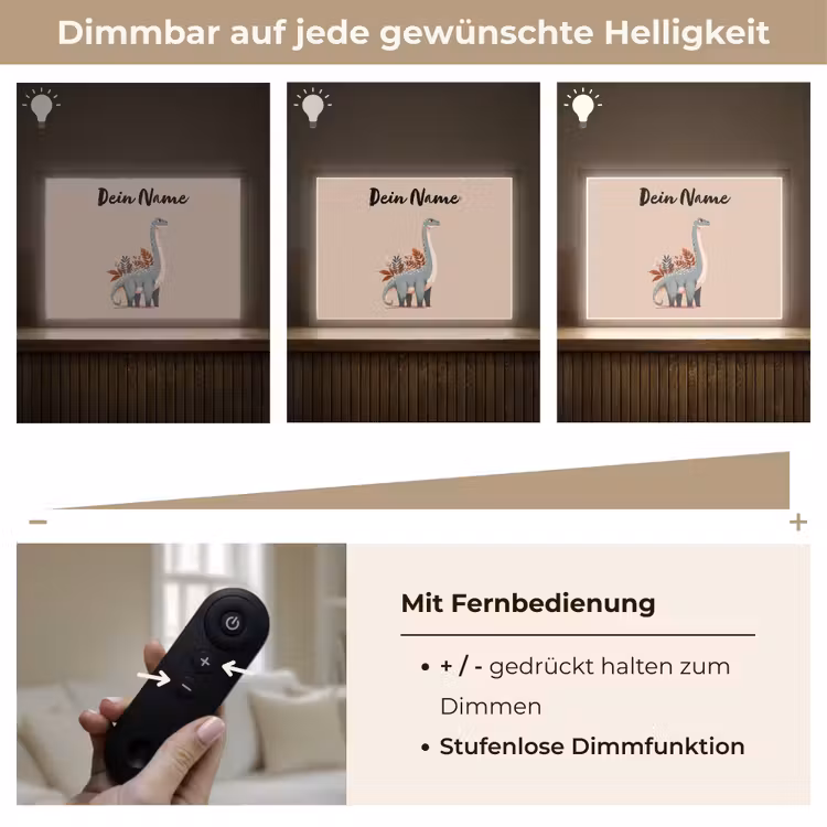 Dinosaurus - Planten - Beige - Minimalistisch Light Box met batterij (Wandlamp kind) middel -USP_dimbaarDE