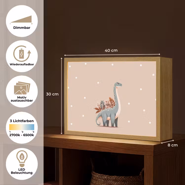 Dinosaurus - Planten - Stippen - Beige Light Box met batterij (Wandlamp kind) middel -USP_websiteoverzichtDE