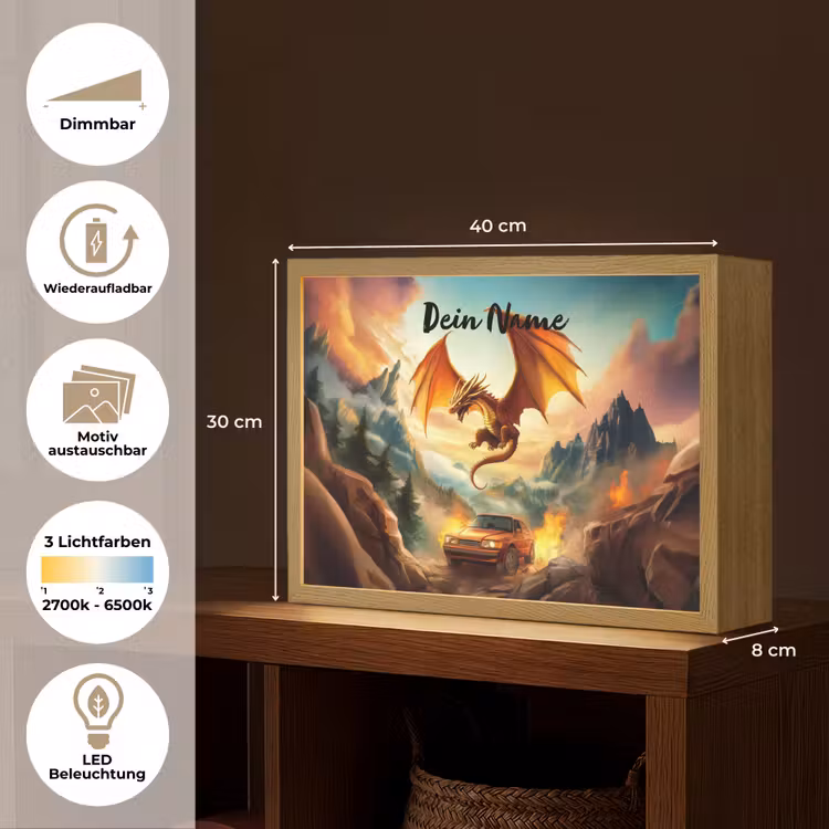 Draak - Auto - Bergen - Vuur Light Box met batterij (Wandlamp kind) middel -USP_websiteoverzichtDE