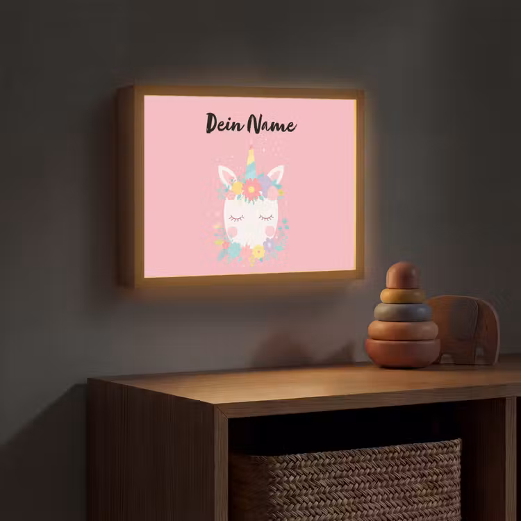 Eenhoorn - Bloemen - Roze Light Box met batterij (Wandlamp kind) middel -sfeer5_kind