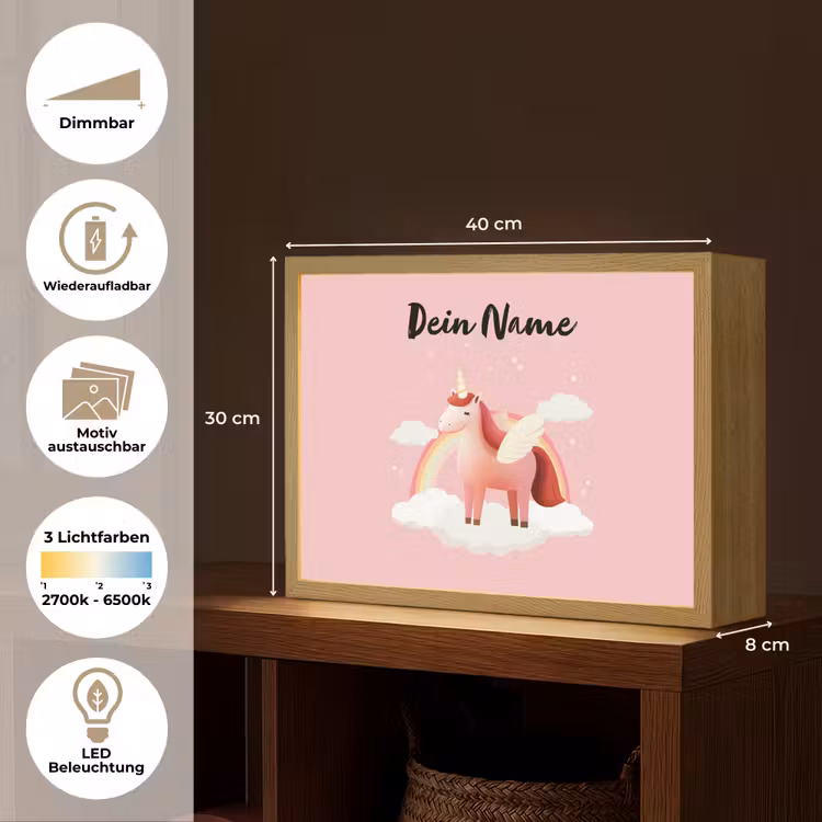 Eenhoorn - Vleugels - Roze - Regenboog Light Box met batterij (Wandlamp kind) middel -USP_websiteoverzichtDE