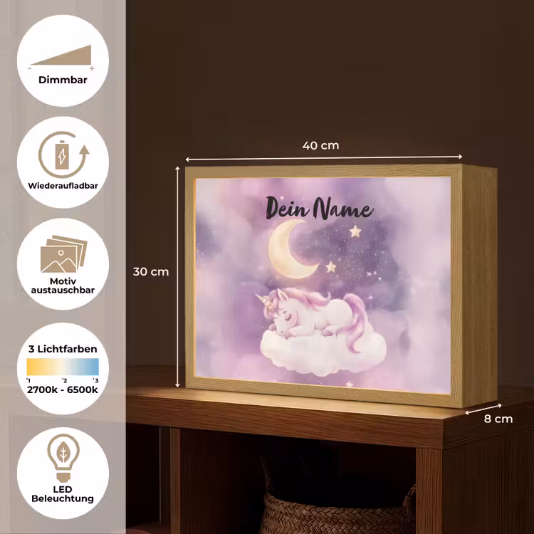 Eenhoorn - Paars - Sterrenhemel - Maan Light Box met batterij (Wandlamp kind) middel -USP_websiteoverzichtDE
