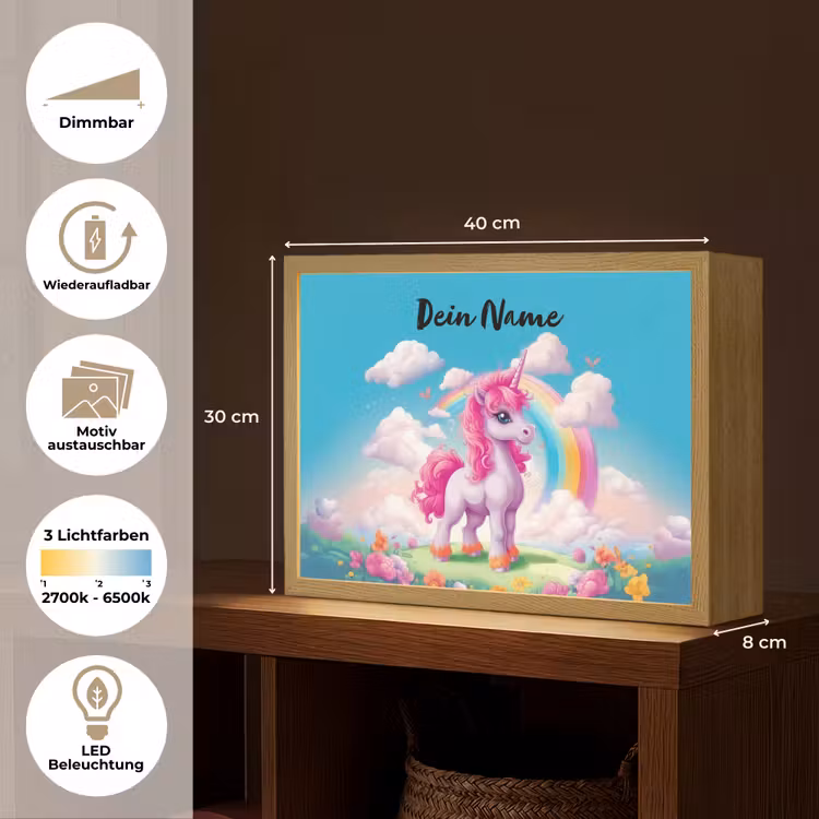 Unicorn - Meisjes - Bloemen - Regenboog - Eenhoorn Light Box met batterij (Wandlamp kind) middel -USP_websiteoverzichtDE
