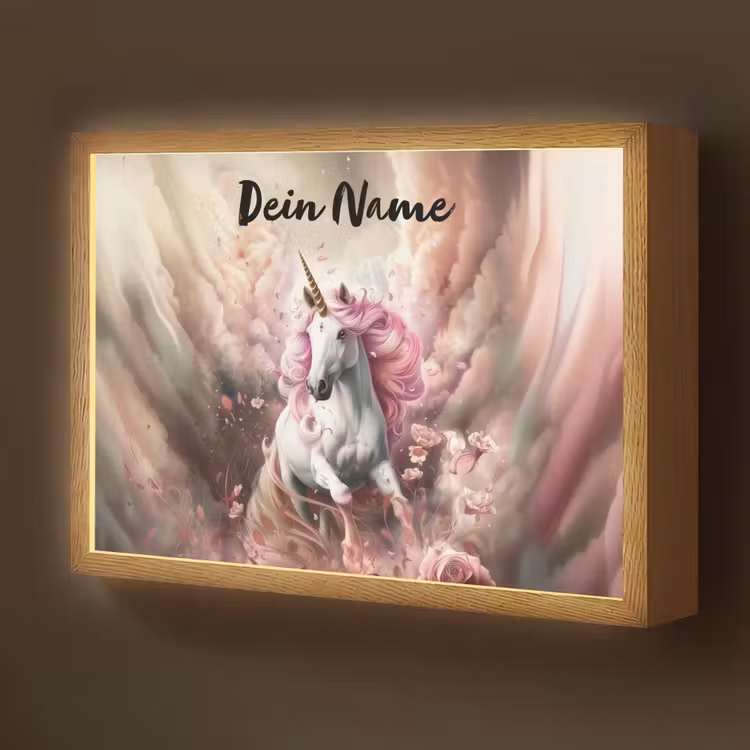 Eenhoorn - Meisje - Roze - Bloemen - Sprookje Light Box met batterij (Wandlamp kind) middel -z3d_website
