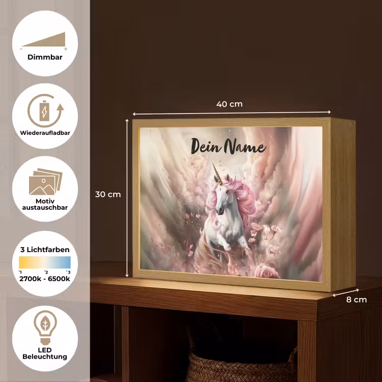 Eenhoorn - Meisje - Roze - Bloemen - Sprookje Light Box met batterij (Wandlamp kind) middel -USP_websiteoverzichtDE