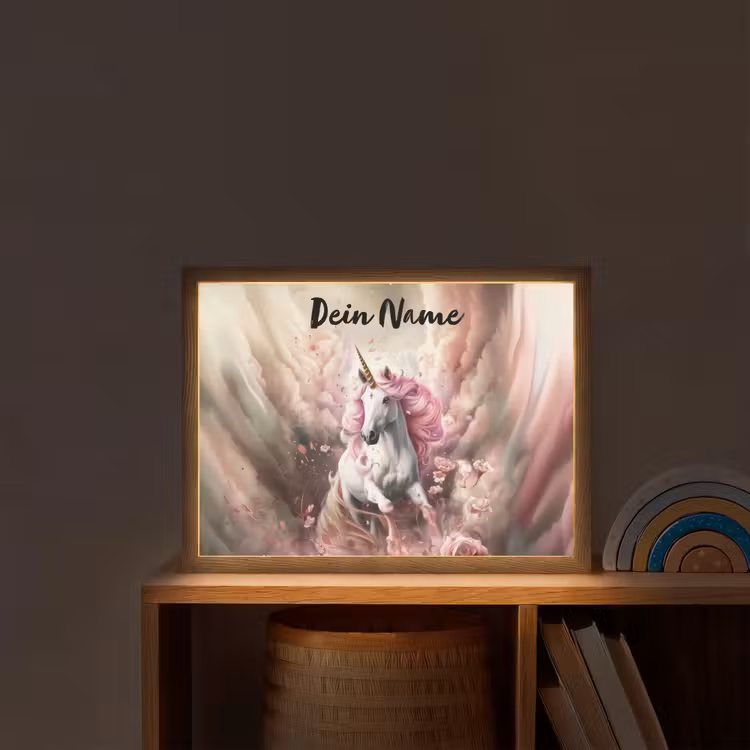 Eenhoorn - Meisje - Roze - Bloemen - Sprookje Light Box met batterij (Wandlamp kind) middel -sfeer1_kind