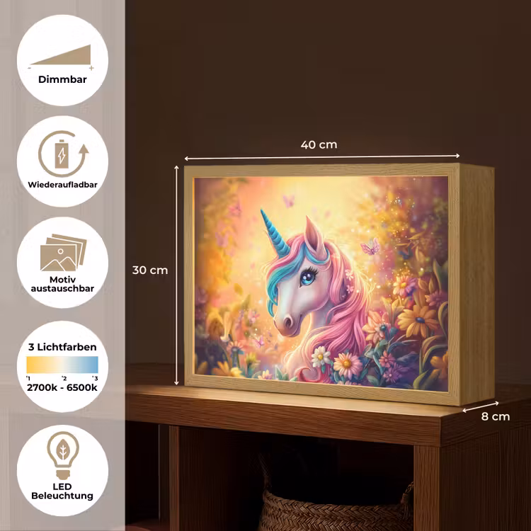 Eenhoorn - Roze - Kleurrijk - Sprookjesbos Light Box met batterij (Wandlamp kind) middel -USP_websiteoverzichtDE
