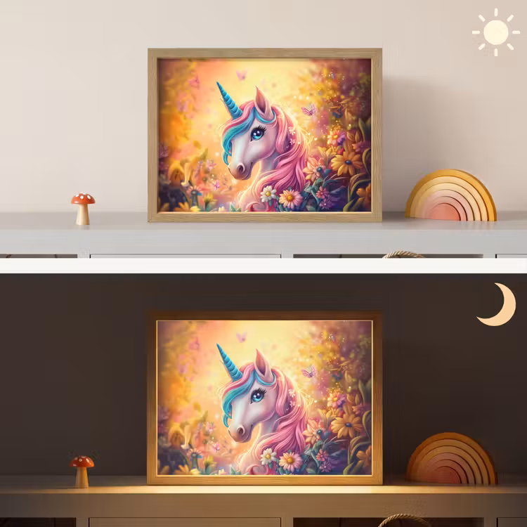Eenhoorn - Roze - Kleurrijk - Sprookjesbos Light Box met batterij (Wandlamp kind) middel -sfeer3_kind