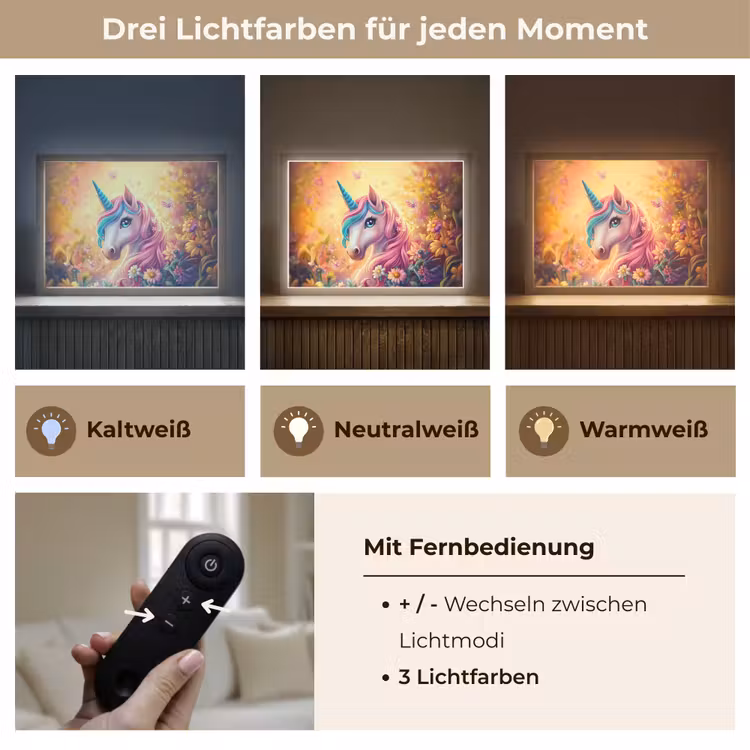 Eenhoorn - Roze - Kleurrijk - Sprookjesbos Light Box met batterij (Wandlamp kind) middel -USP_lichtkleurDE