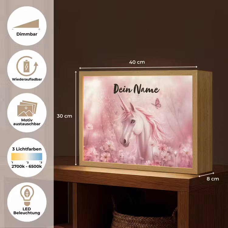 Eenhoorn - Roze - Vlinders - Bloemen Light Box met batterij (Wandlamp kind) middel -USP_websiteoverzichtDE