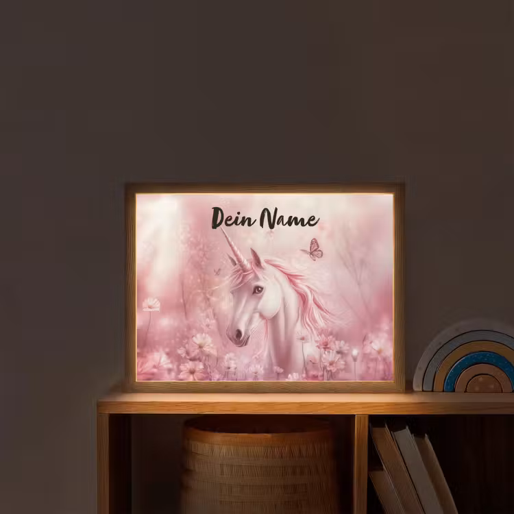 Eenhoorn - Roze - Vlinders - Bloemen Light Box met batterij (Wandlamp kind) middel -sfeer1_kind