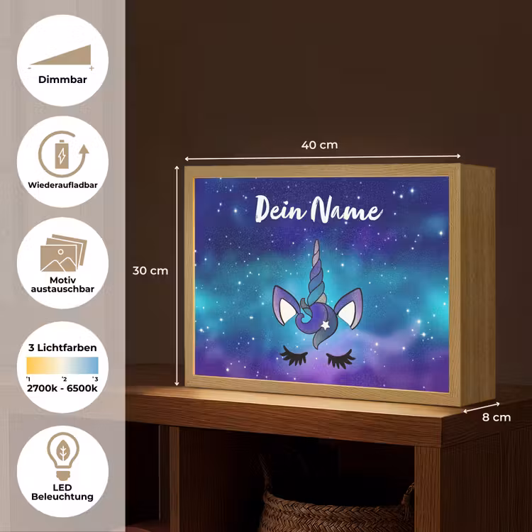 Eenhoorn - Sterrenhemel - Wimpers - Blauw Light Box met batterij (Wandlamp kind) middel -USP_websiteoverzichtDE