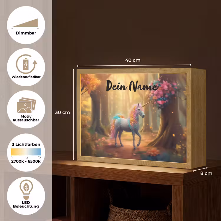 Eenhoorn - Bos - Kleurrijk - Bloemen - Meiden Light Box met batterij (Wandlamp kind) middel -USP_websiteoverzichtDE