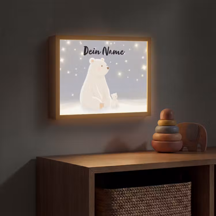 Ijsbeer - Sneeuw - Sterren - Blauw Light Box met batterij (Wandlamp kind) middel -sfeer5_kind