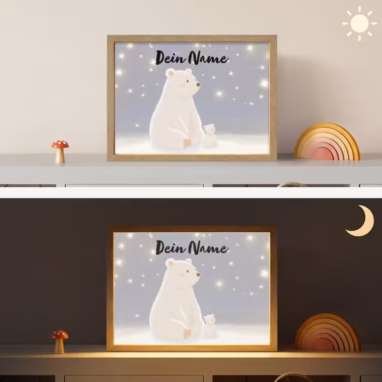 Ijsbeer - Sneeuw - Sterren - Blauw Light Box met batterij (Wandlamp kind) middel -sfeer3_kind