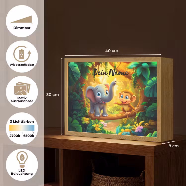 Olifant - Appje - Jungle - Kleurrijk Light Box met batterij (Wandlamp kind) middel -USP_websiteoverzichtDE