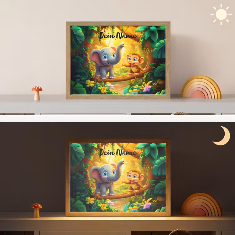 Olifant - Appje - Jungle - Kleurrijk Light Box met batterij (Wandlamp kind) middel -sfeer3_kind