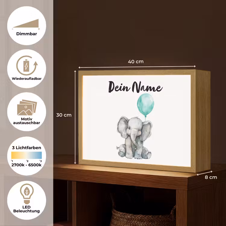 Olifant - Baby - Dieren - Blauwe ballon Light Box met batterij (Wandlamp kind) middel -USP_websiteoverzichtDE