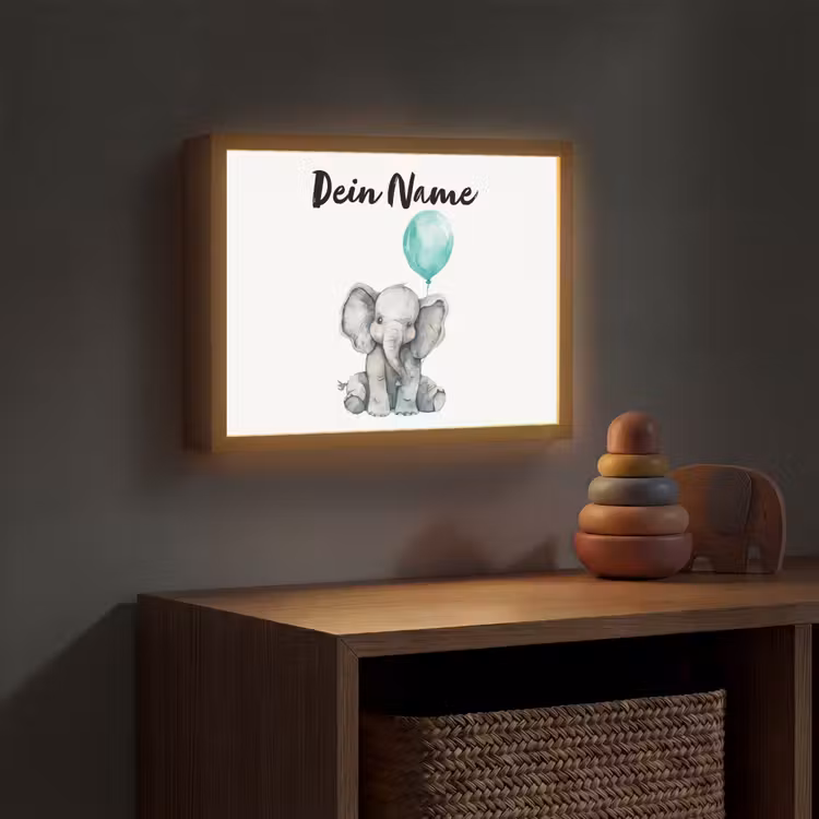Olifant - Baby - Dieren - Blauwe ballon Light Box met batterij (Wandlamp kind) middel -sfeer5_kind