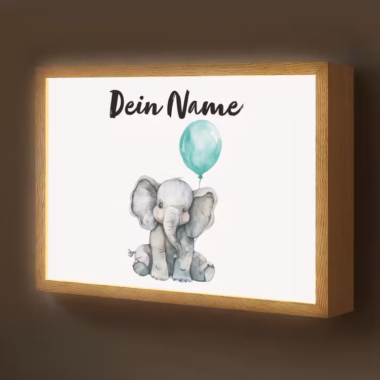 Olifant - Baby - Dieren - Blauwe ballon Light Box met batterij (Wandlamp kind) middel -z3d_website