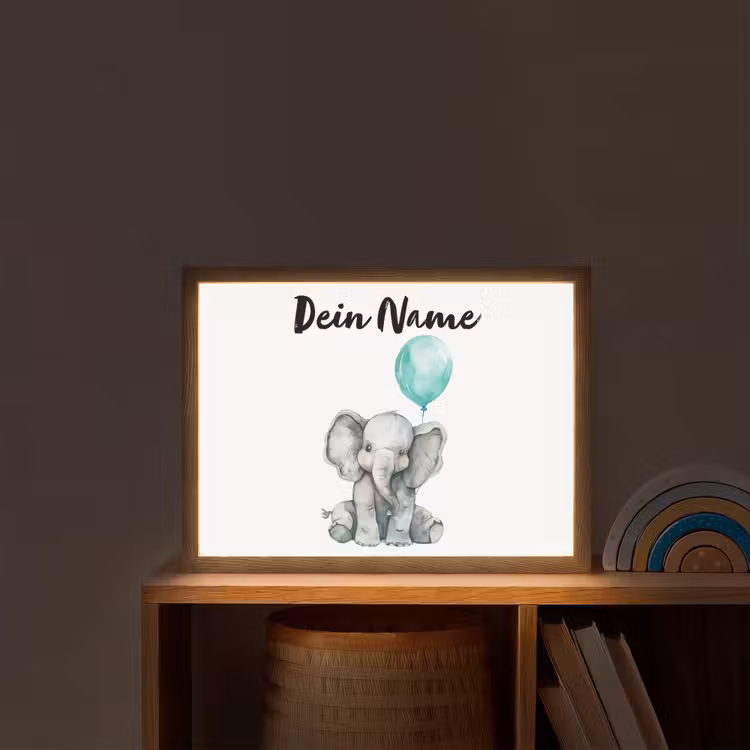 Olifant - Baby - Dieren - Blauwe ballon Light Box met batterij (Wandlamp kind) middel -sfeer1_kind