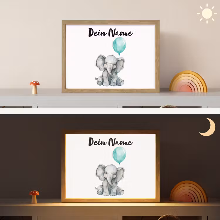 Olifant - Baby - Dieren - Blauwe ballon Light Box met batterij (Wandlamp kind) middel -sfeer3_kind