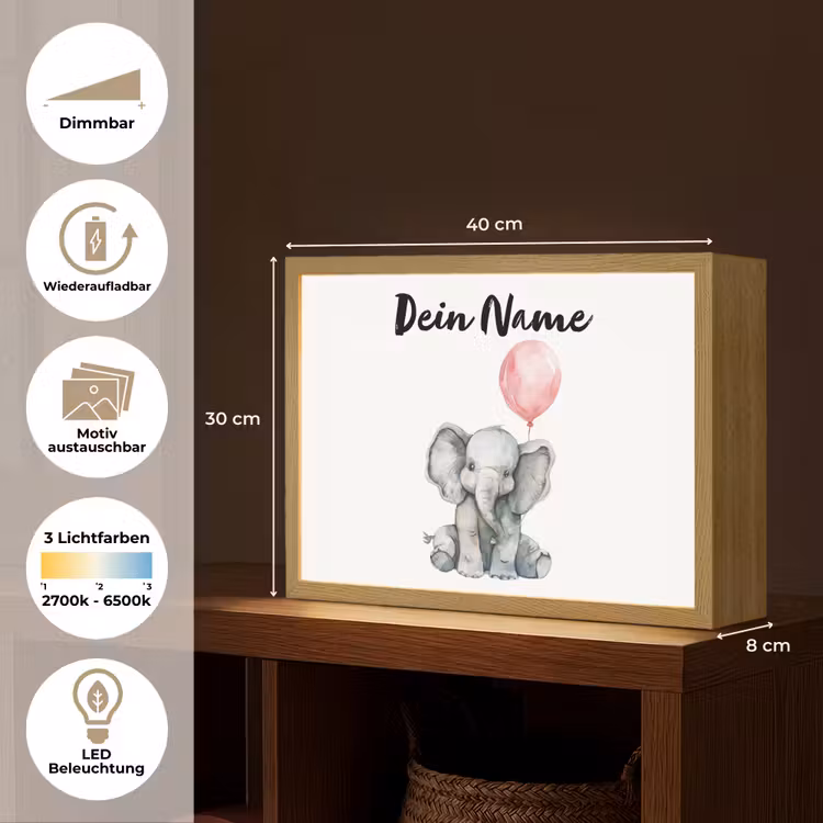 Olifant - Baby dier - Roze ballon Light Box met batterij (Wandlamp kind) middel -USP_websiteoverzichtDE