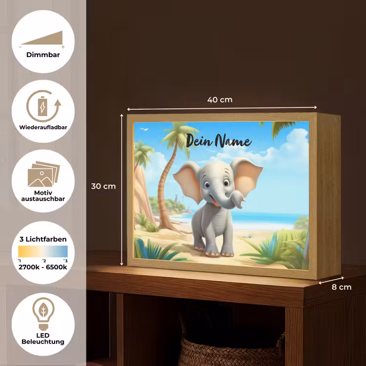 Olifant - Strand - Dieren - Meisjes - Kind Light Box met batterij (Wandlamp kind) middel -USP_websiteoverzichtDE