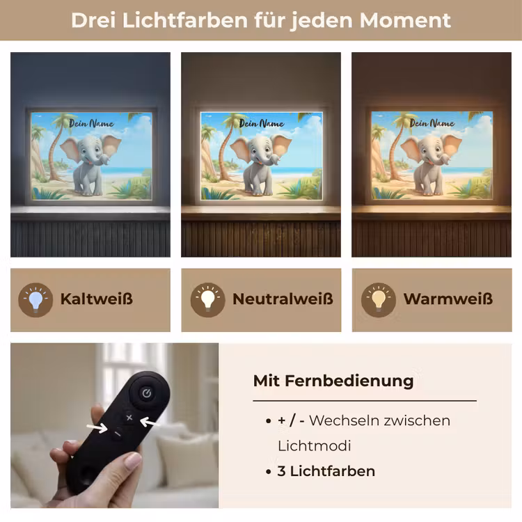 Olifant - Strand - Dieren - Meisjes - Kind Light Box met batterij (Wandlamp kind) middel -USP_lichtkleurDE