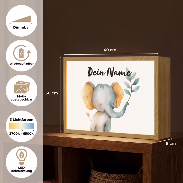 Olifant - Dier - Pastel kleuren Light Box met batterij (Wandlamp kind) middel -USP_websiteoverzichtDE